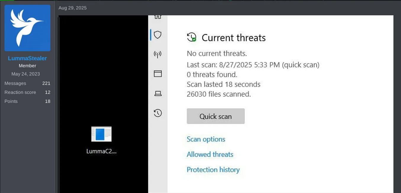 Post de LummaC2 en el foro RAMP mostrando uno de sus parches semanales para evadir Windows Defender