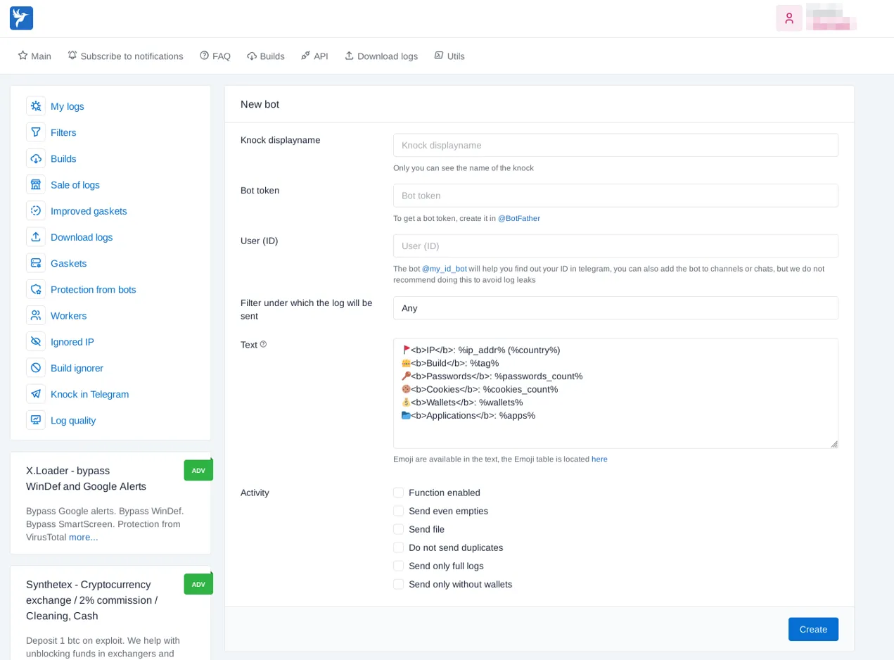 Configuración de la integración con Telegram en el panel de LummaC2